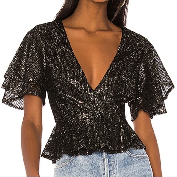 House of Harlow 1960 x Revolve Suri Sequin Wrap V-Neck Ruffle Sleeve Cropped Top - Picture 1 of 10
